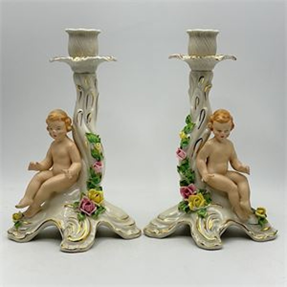 Dresden Porcelain Cherubs Flower Candlesticks Holders Pair 8-Inch Germany